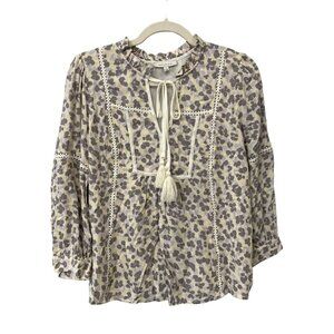 Skies Are Blue Blouse Size Small Floral Pattern Long Sleeve Bohemian Tassel